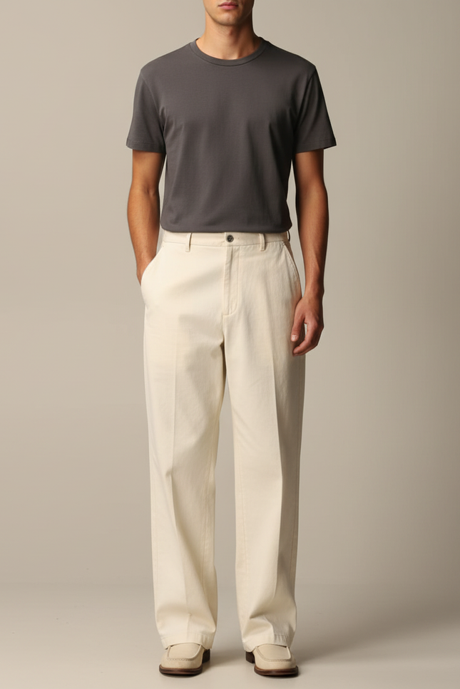 Pantalon Chino Beige Ample Coton Décontracté Homme