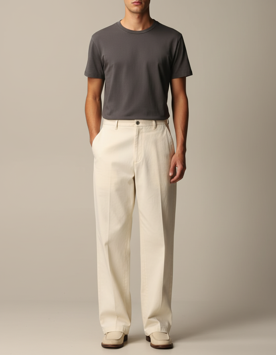 Pantalon Chino Beige Ample Coton Décontracté Homme