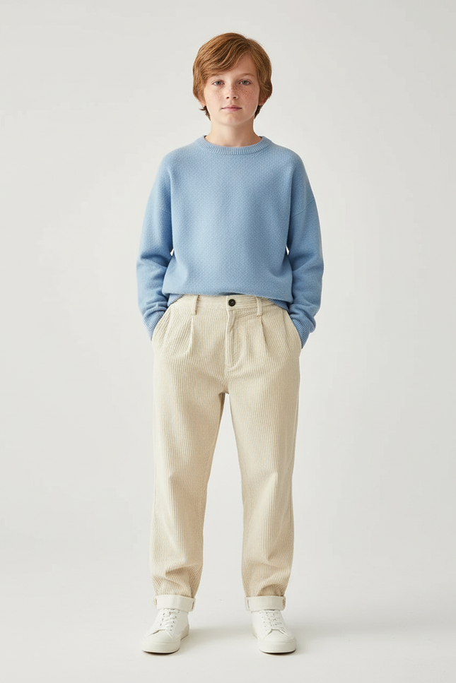 Pantalon Chino Crème Côtelé Ample Décontracté Enfant - Beige Cordé