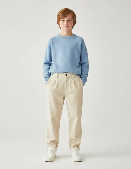 Pantalon Chino Crème Côtelé Ample Décontracté Enfant - Beige Cordé