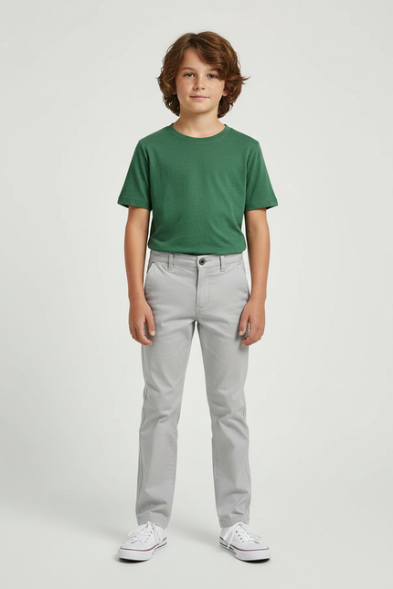 Pantalon Chino Gris Coton Slim Enfant Confortable - Gabardine