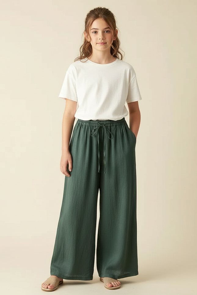 Pantalon Chino Vert Ample Lin Enfant Fille