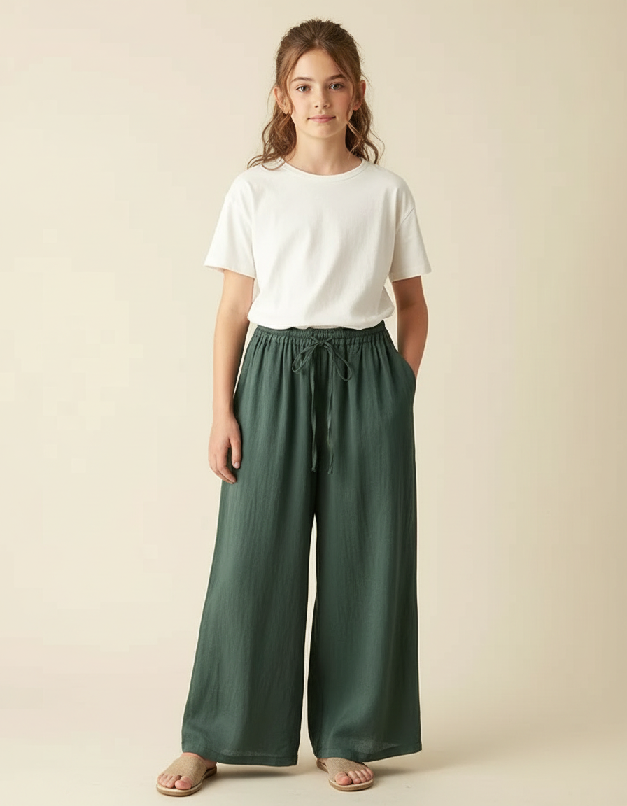 Pantalon Chino Vert Ample Lin Enfant Fille