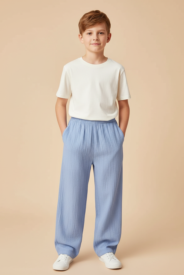 Pantalon Chino Bleu Ciel Ample Texturé Garçon Décontracté - Coton