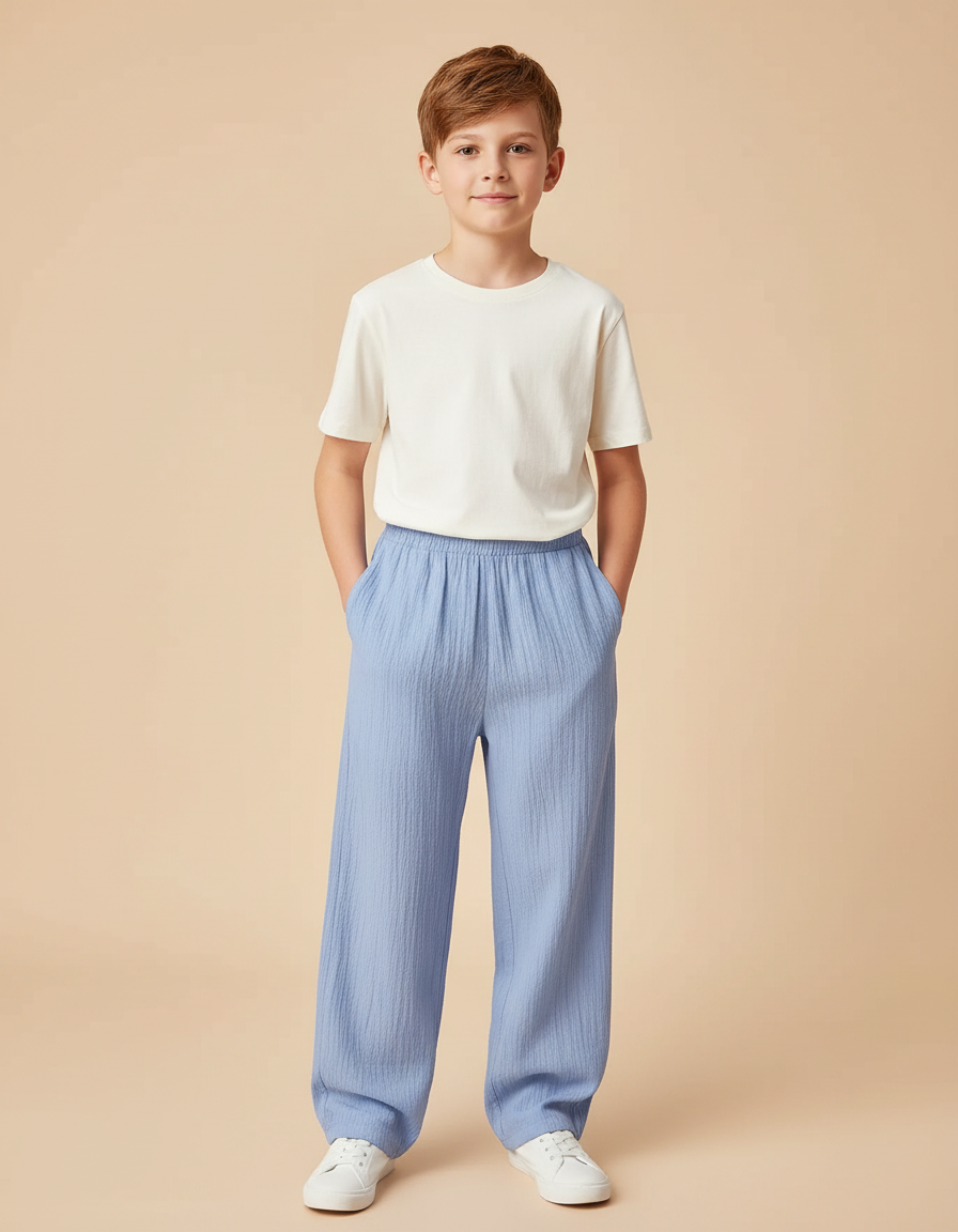 Pantalon Chino Bleu Ciel Ample Texturé Garçon Décontracté - Coton