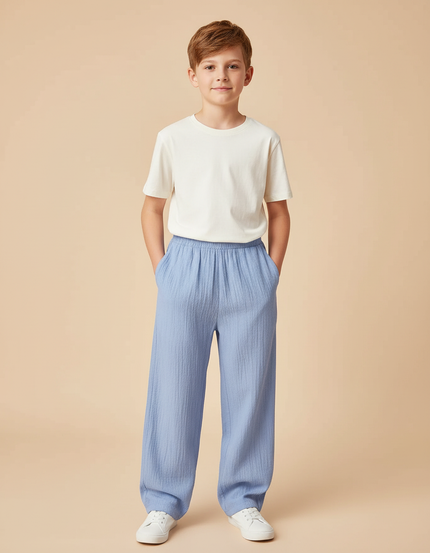 Pantalon Chino Bleu Ciel Ample Texturé Garçon Décontracté - Coton