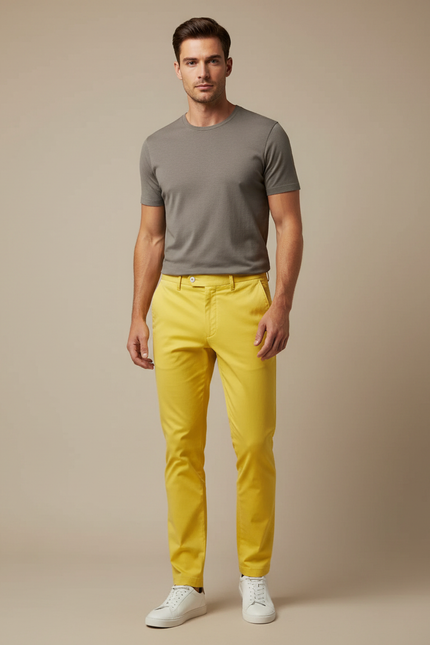 Pantalon Chino Jaune Homme Slim Décontracté Coton Élégant