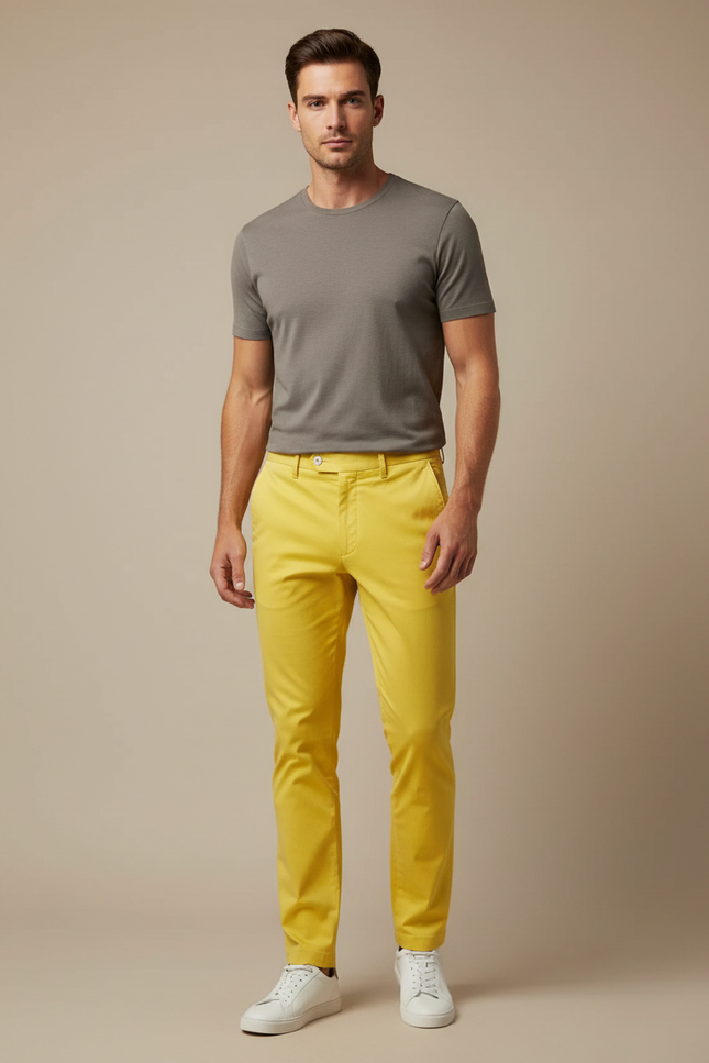 Pantalon Chino Jaune Homme Slim Décontracté Coton Élégant