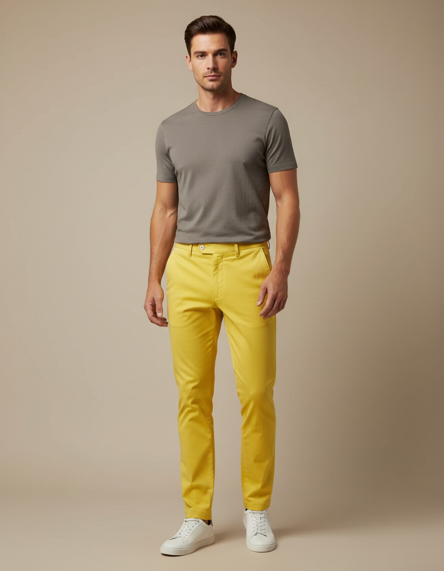 Pantalon Chino Jaune Homme Slim Décontracté Coton Élégant
