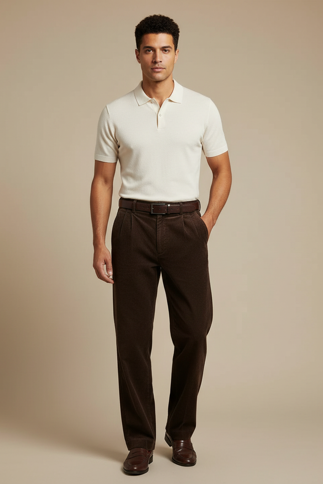 Pantalon Chino Velours Côtelé Marron Ample Plissé Homme - Cordé