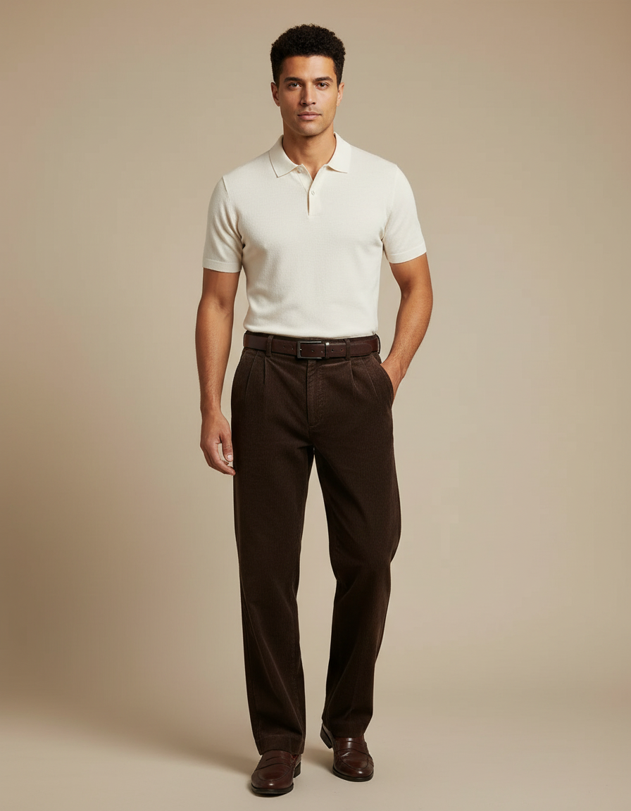 Pantalon Chino Velours Côtelé Marron Ample Plissé Homme - Cordé