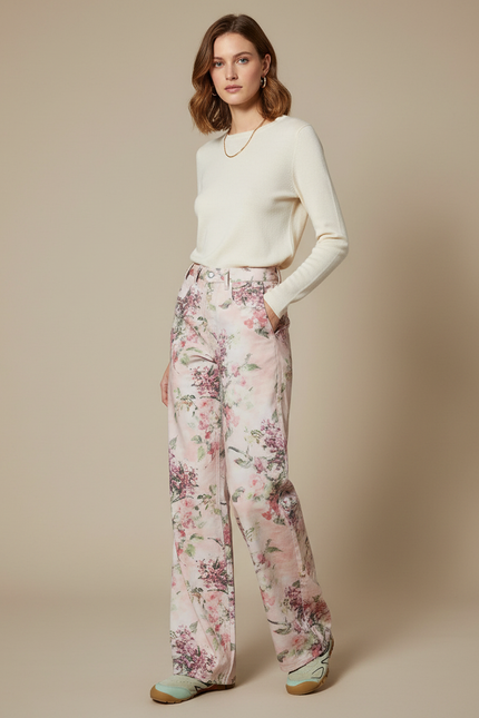 Pantalon Chino Fleuri Rose Taille Haute Ample - Coton