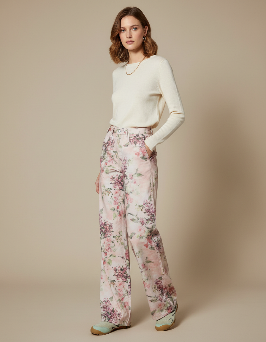 Pantalon Chino Fleuri Rose Taille Haute Ample - Coton