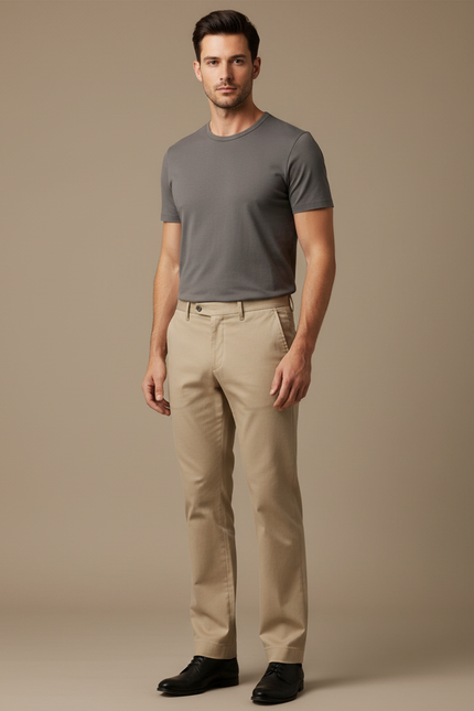 Pantalon Chino Beige Coton Coupe Droite Classique Homme