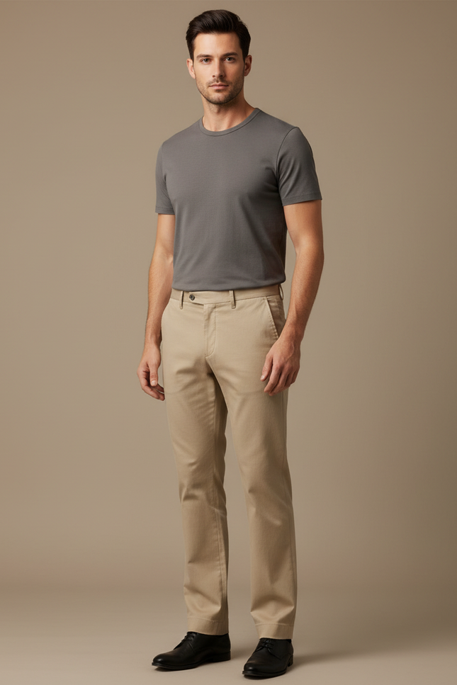 Pantalon Chino Beige Coton Coupe Droite Classique Homme