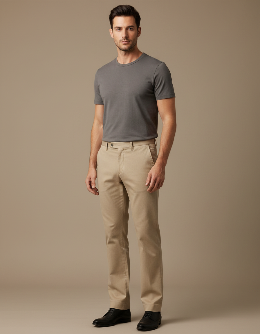 Pantalon Chino Beige Coton Coupe Droite Classique Homme