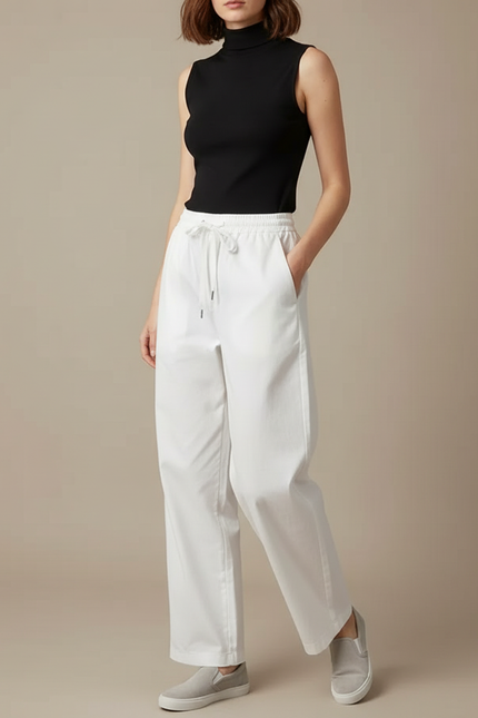 Pantalon Chino Blanc Ample Décontracté Cordon Femme - Gabardine