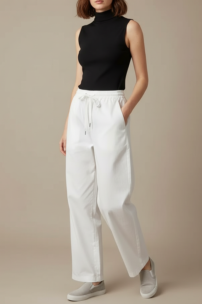Pantalon Chino Blanc Ample Décontracté Cordon Femme - Gabardine