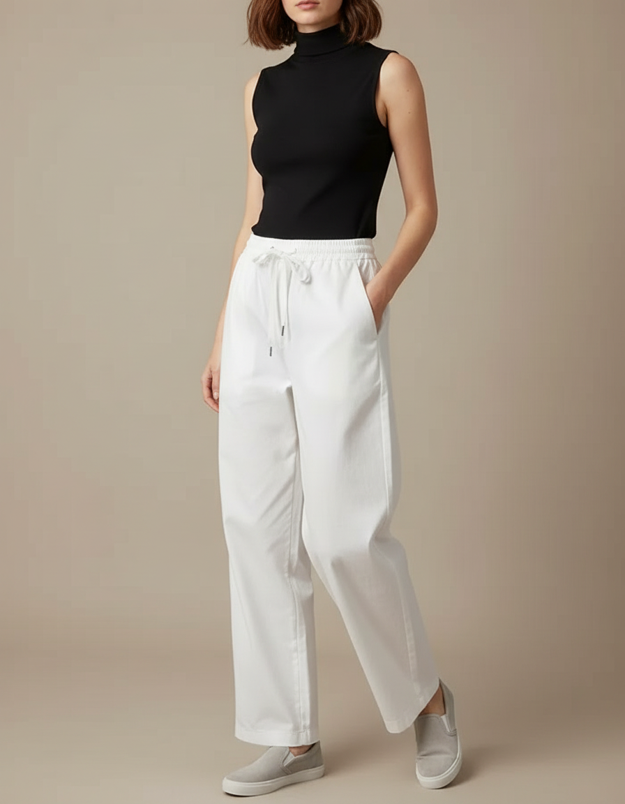 Pantalon Chino Blanc Ample Décontracté Cordon Femme - Gabardine