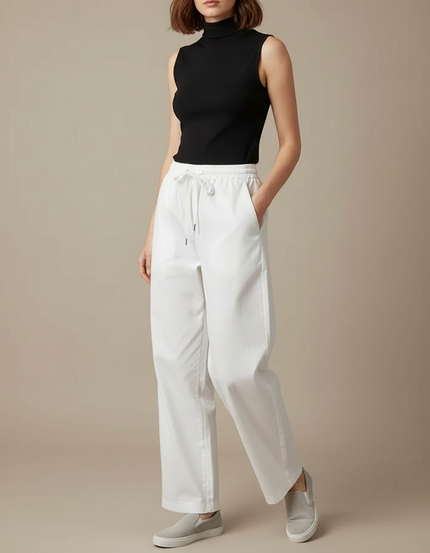 Pantalon Chino Blanc Ample Décontracté Cordon Femme - Gabardine