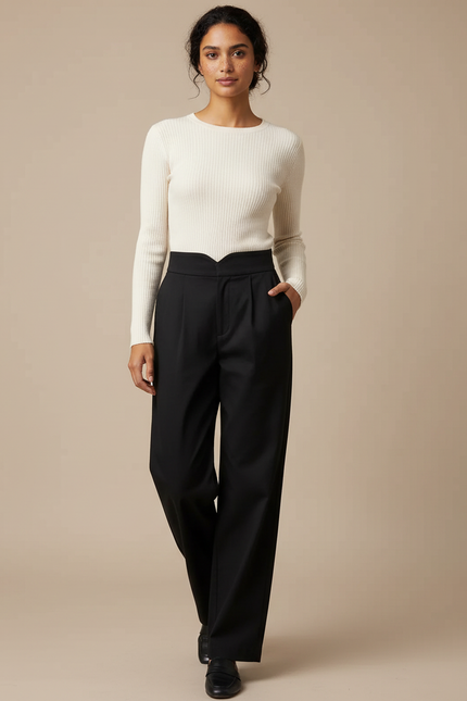 Pantalon Chino Noir Taille Haute Ample Élégant - Gabardine