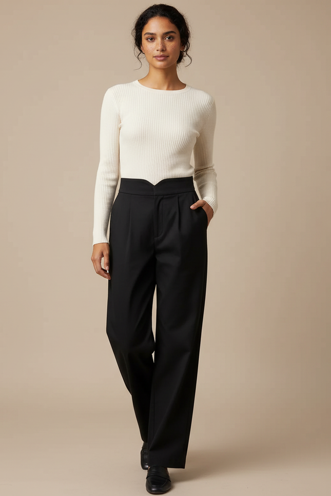 Pantalon Chino Noir Taille Haute Ample Élégant - Gabardine