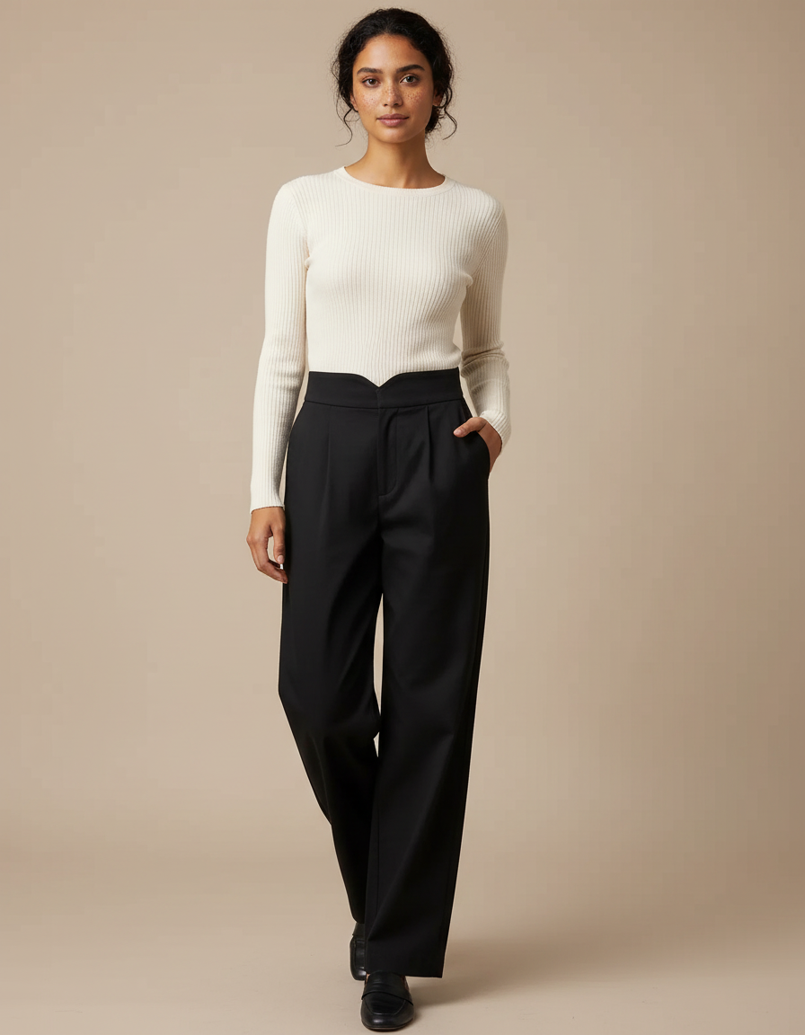 Pantalon Chino Noir Taille Haute Ample Élégant - Gabardine