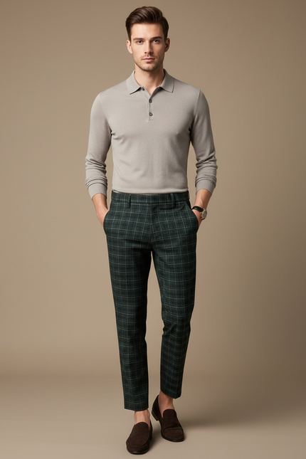 Pantalon Chino Vert Carreaux Slim Formel Élégant - Tweed