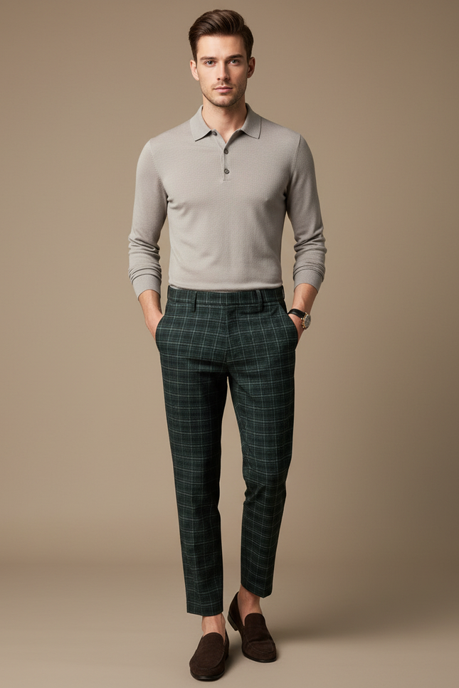 Pantalon Chino Vert Carreaux Slim Formel Élégant - Tweed