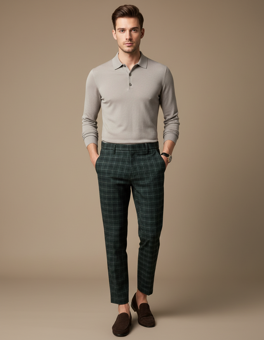 Pantalon Chino Vert Carreaux Slim Formel Élégant - Tweed