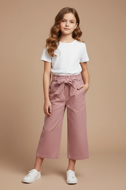 Pantalon Chino Rose Ample Coton Ceinturé Fille