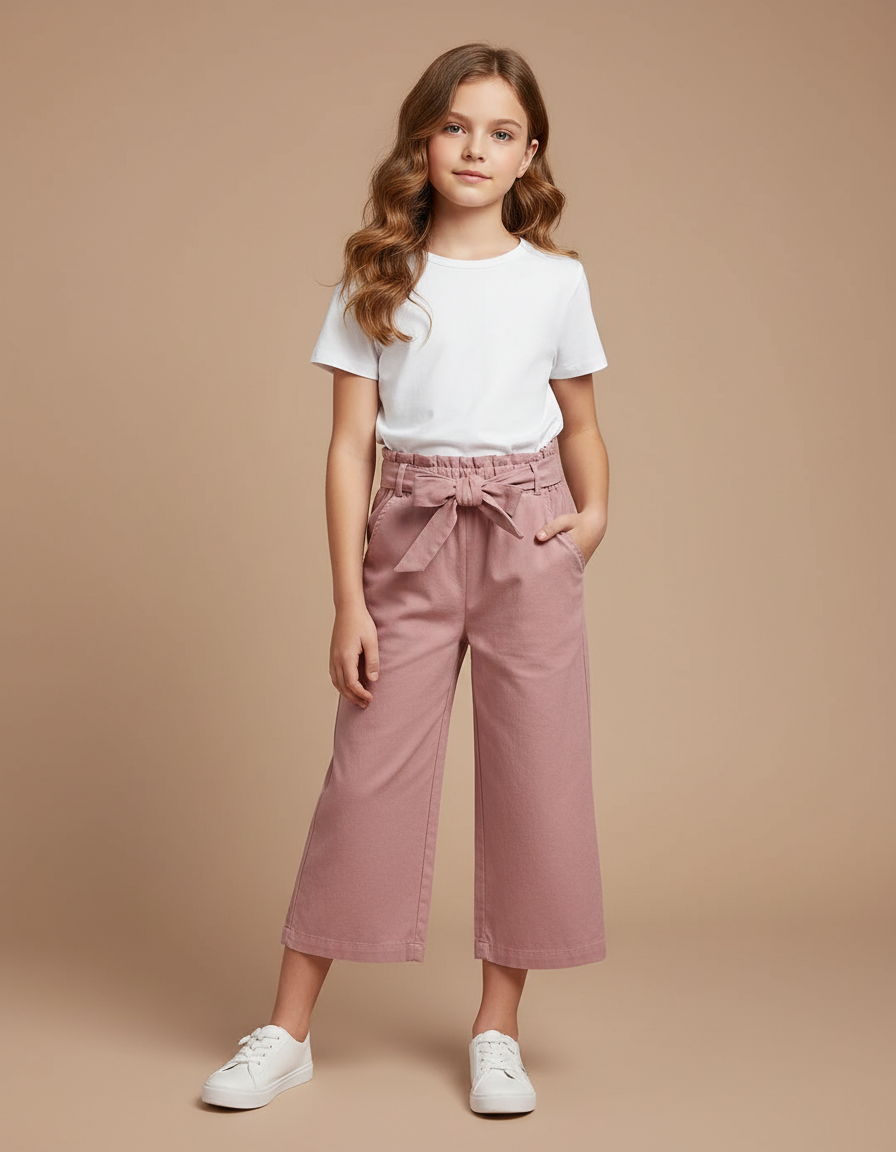 Pantalon Chino Rose Ample Coton Ceinturé Fille