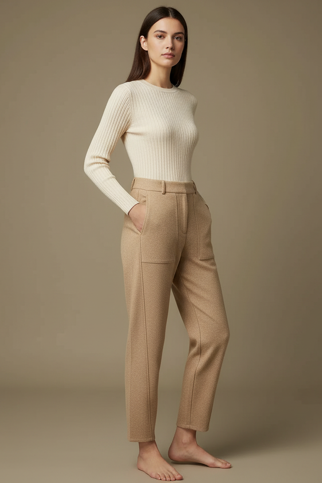Pantalon Chino Beige Laine Ample Décontracté Femme