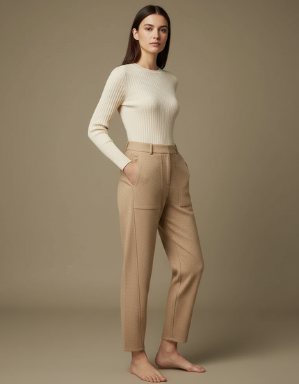 Pantalon Chino Beige Laine Ample Décontracté Femme