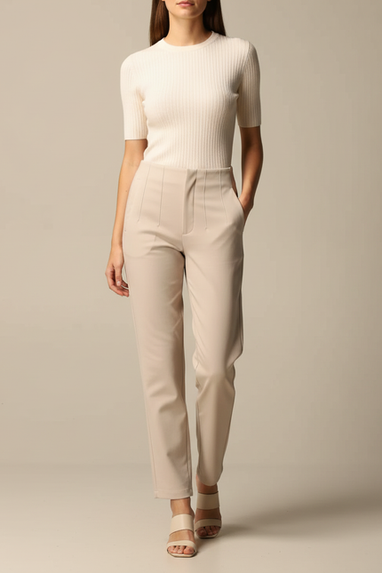 Pantalon Chino Beige Ajusté Taille Haute Élégant - Polyester