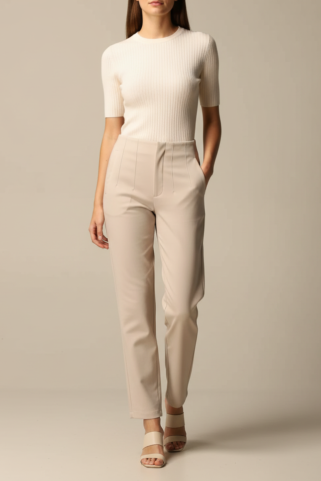 Pantalon Chino Beige Ajusté Taille Haute Élégant - Polyester