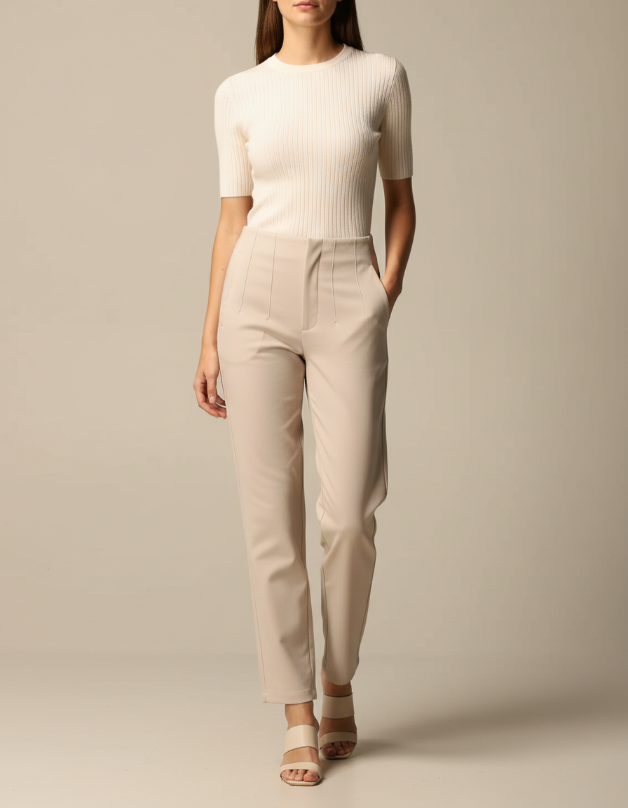 Pantalon Chino Beige Ajusté Taille Haute Élégant - Polyester