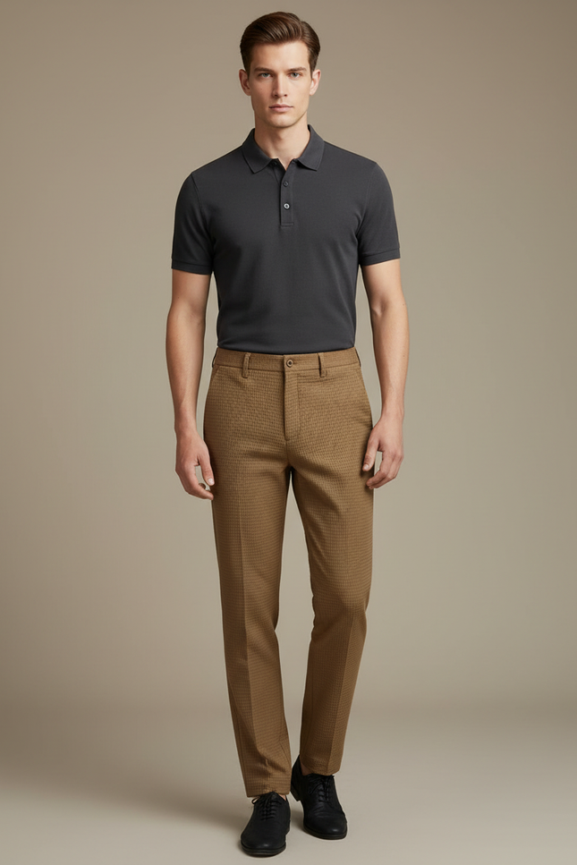 Pantalon Chino Marron Texturé Slim Homme Élégant - Coton