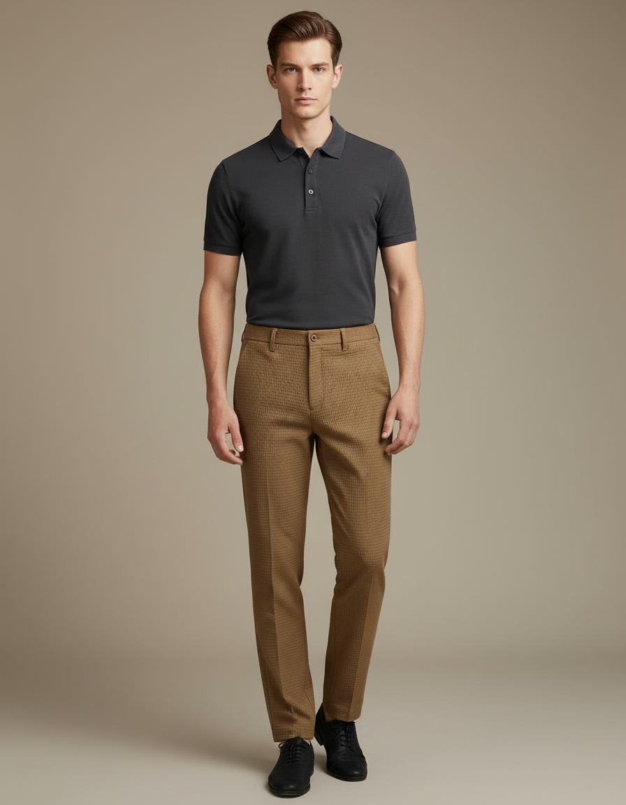 Pantalon Chino Marron Texturé Slim Homme Élégant - Coton