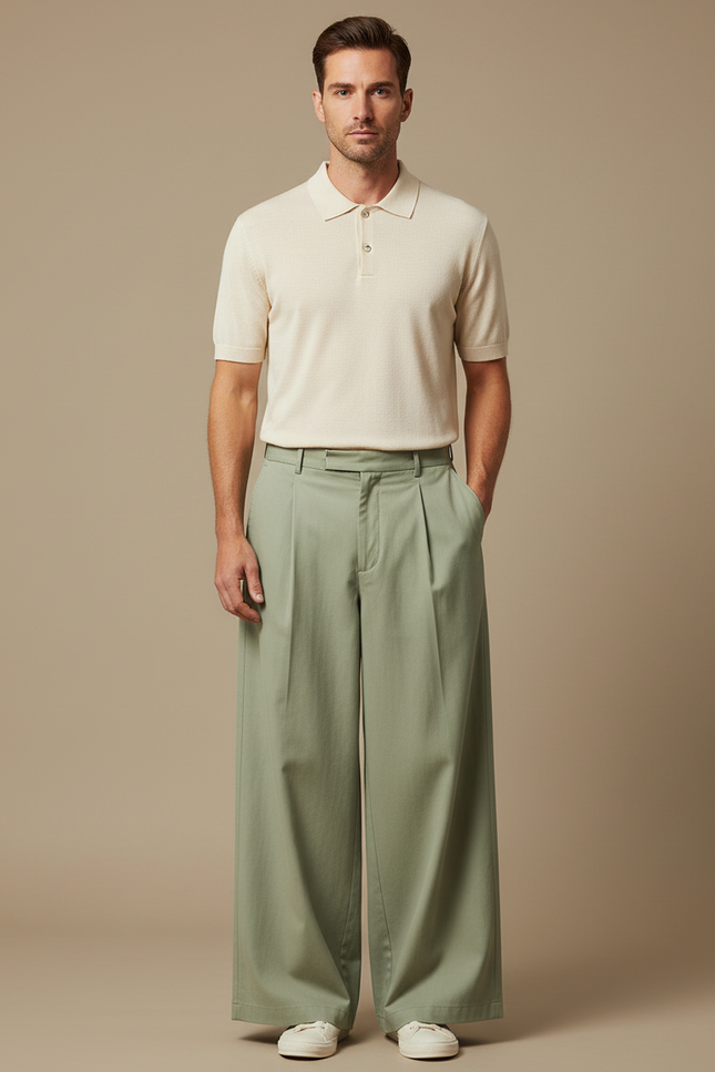 Pantalon Chino Vert Ample Plissé Décontracté Homme - Coton