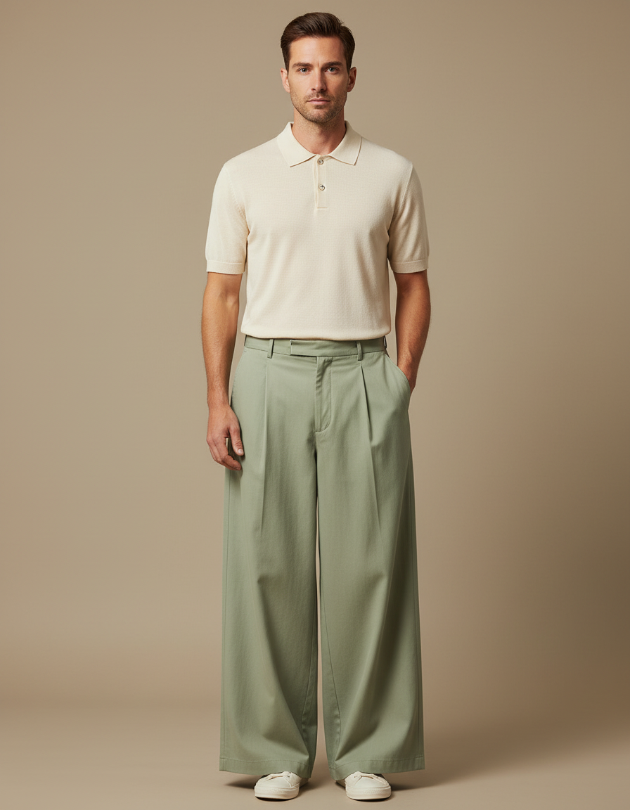 Pantalon Chino Vert Ample Plissé Décontracté Homme - Coton