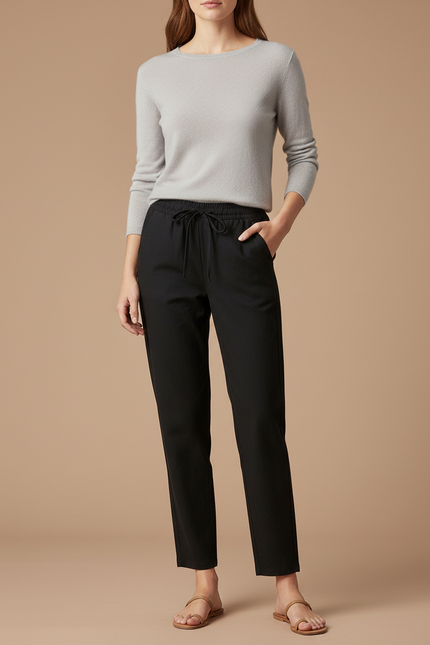 Pantalon Chino Noir Cordon Décontracté Femme Fluide - Polyester