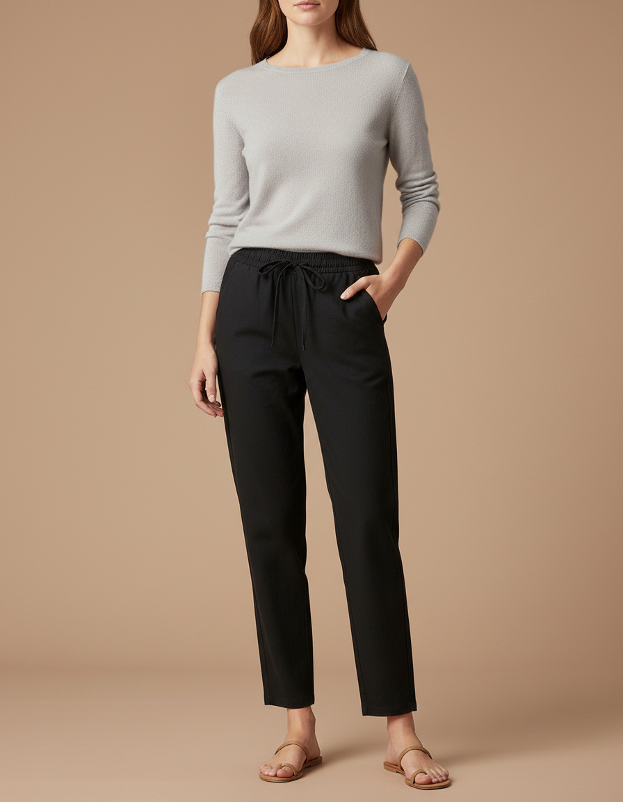 Pantalon Chino Noir Cordon Décontracté Femme Fluide - Polyester