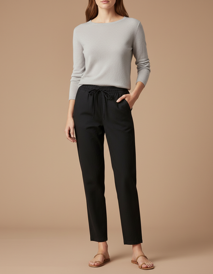 Pantalon Chino Noir Cordon Décontracté Femme Fluide - Polyester