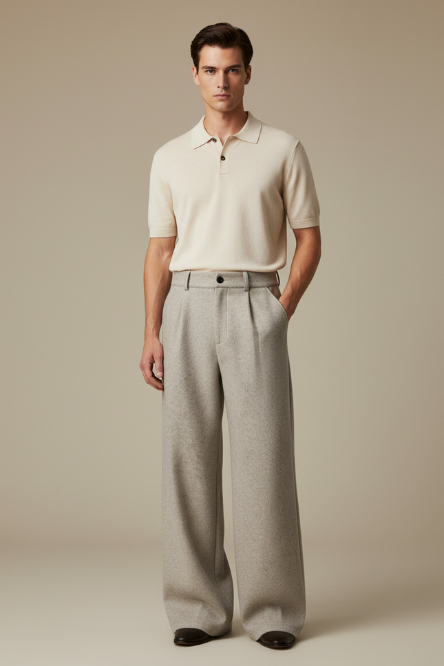 Pantalon Chino Gris Laine Ample Droit Homme