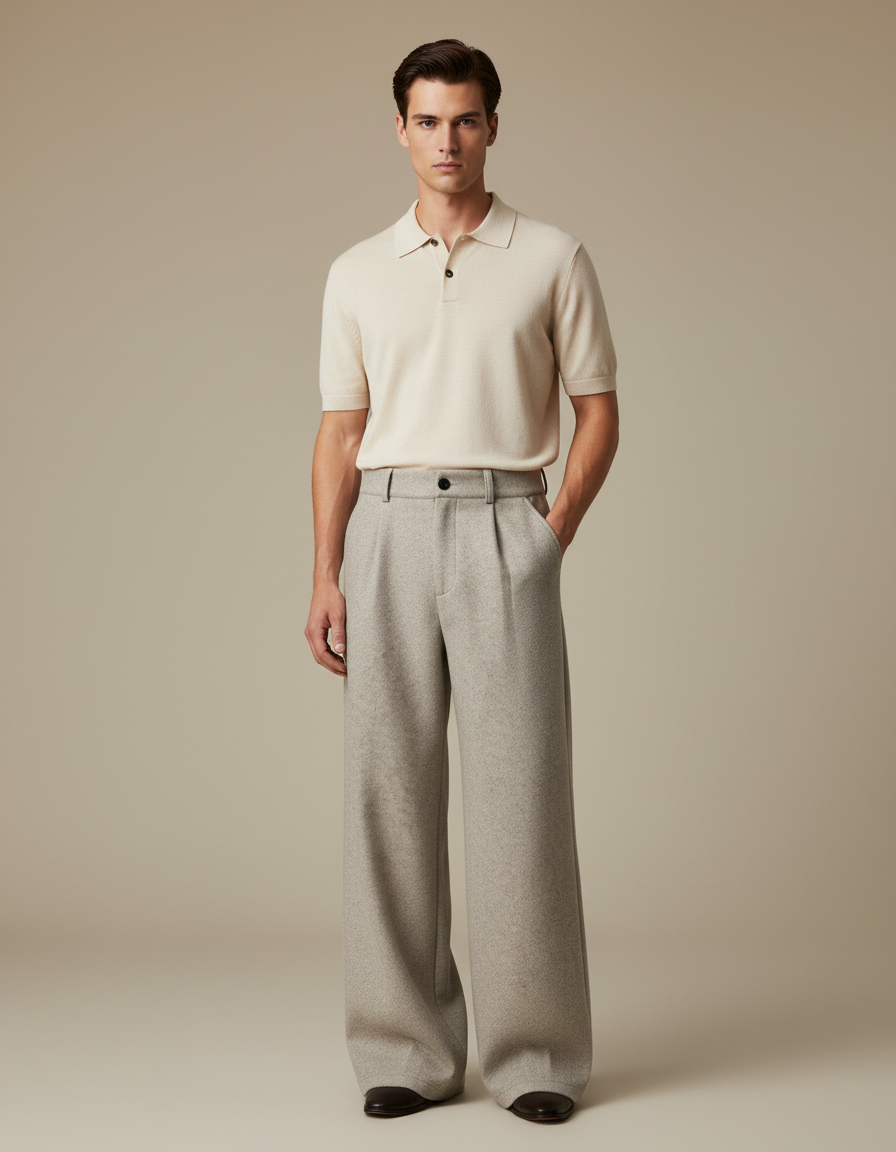 Pantalon Chino Gris Laine Ample Droit Homme