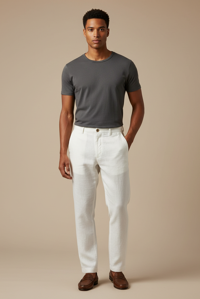 Pantalon Chino Blanc Lin Homme Décontracté Élégant Droit