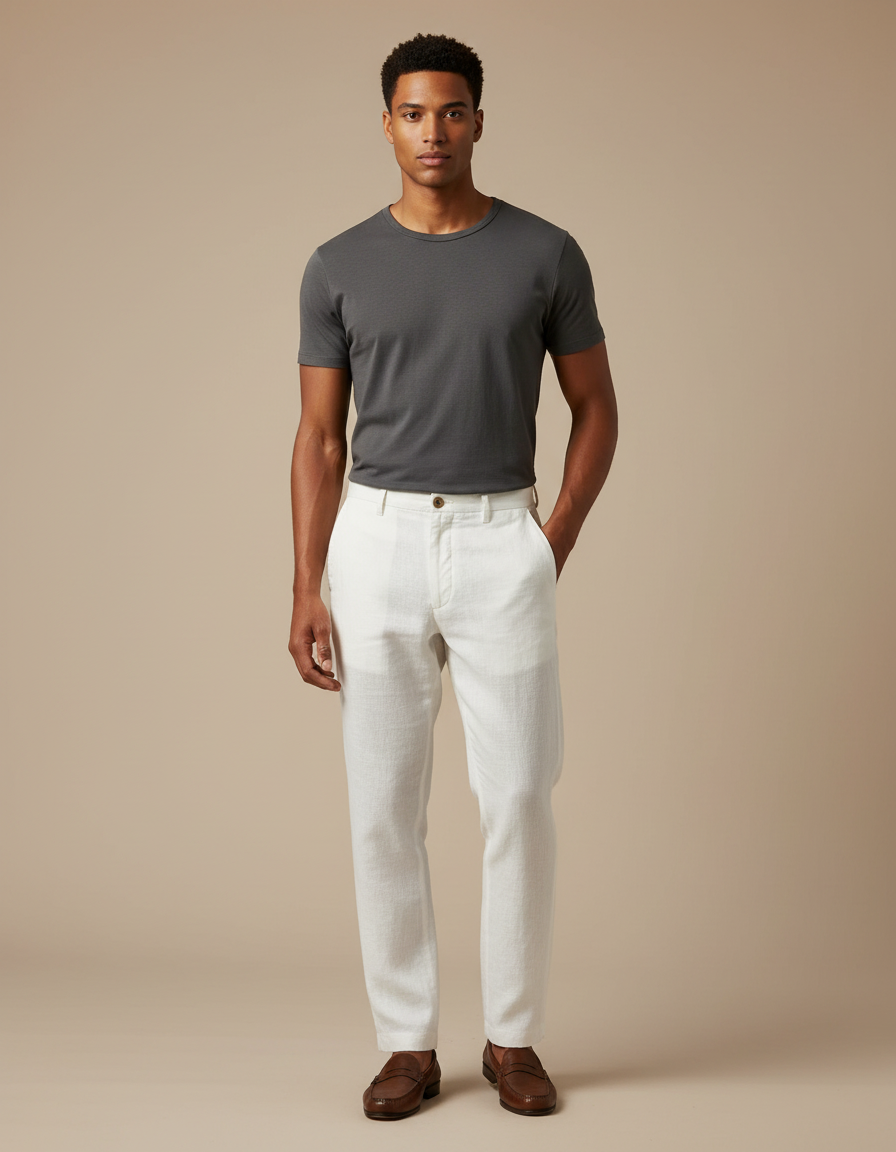 Pantalon Chino Blanc Lin Homme Décontracté Élégant Droit