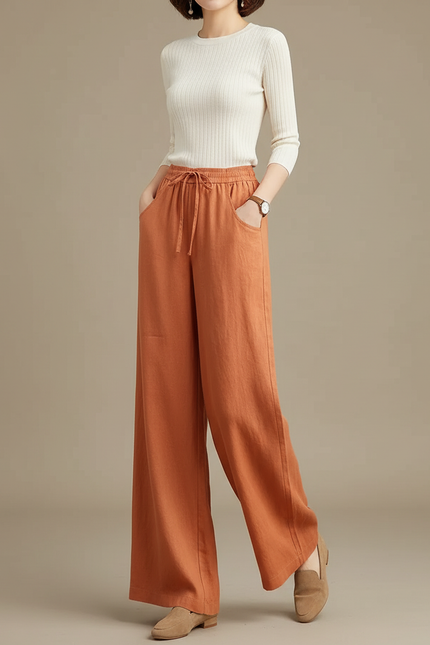 Pantalon Chino Lin Ample Taille Haute Orange