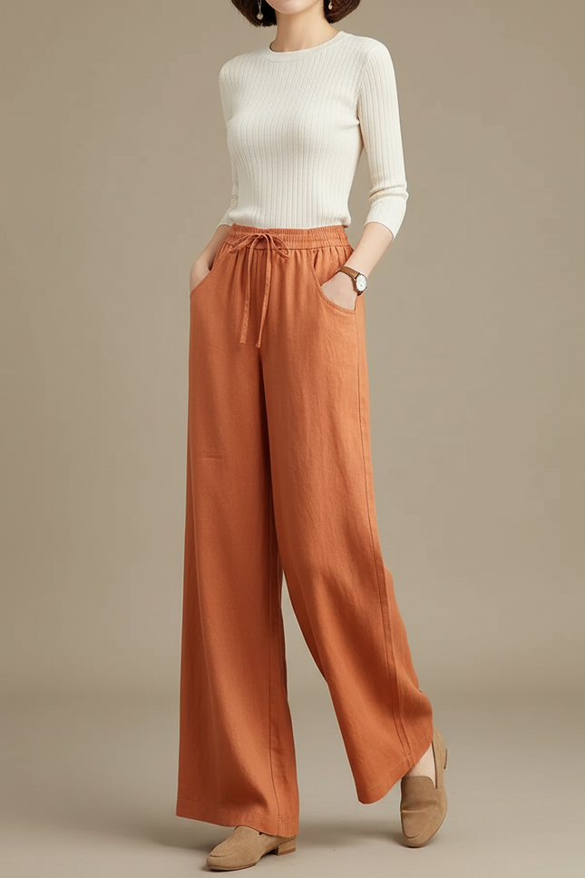 Pantalon Chino Lin Ample Taille Haute Orange